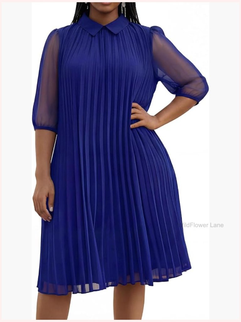 Elegant Pleated Midi Dress With Peter Pan Collar Loose Fit Cocktail Party Casual